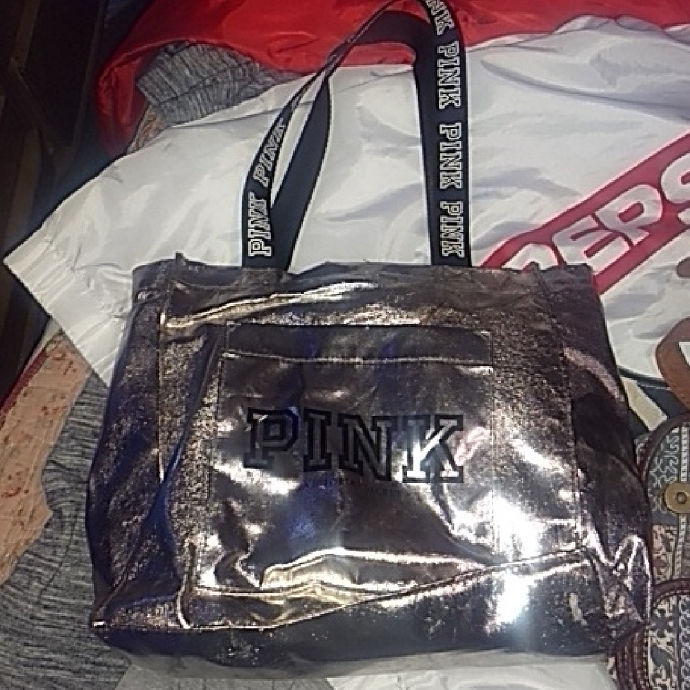 PINK Victoria's Secret Shiny Silver Tote
